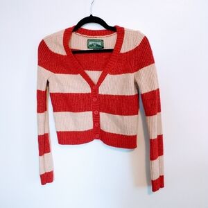 American eagle red and cream ribbed striped cropped cardigan with button front s